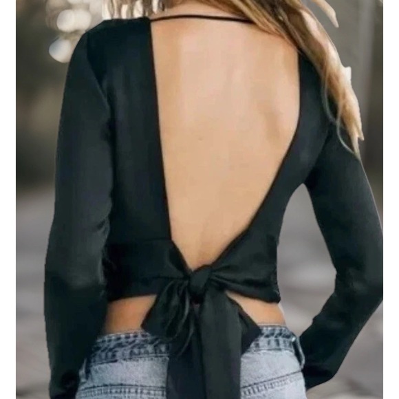 New NWT - Zara Black Satin Blouse - Cropped Open Back Tie Long Sleeve - Size S - Picture 1 of 6